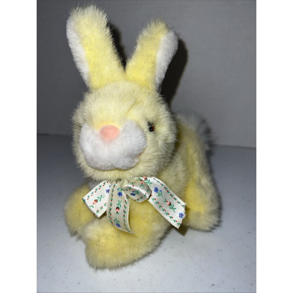 Walmart Yellow Bunny Rabbit Plush Yellow With Floral Bow 7" Stuffed Animal Vtg